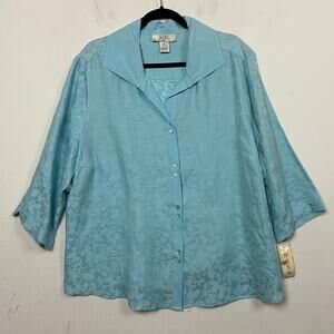 Nexx Woman Ice Blue Floral Silk Linen Button Up Career Blouse Top Size 2X NWT